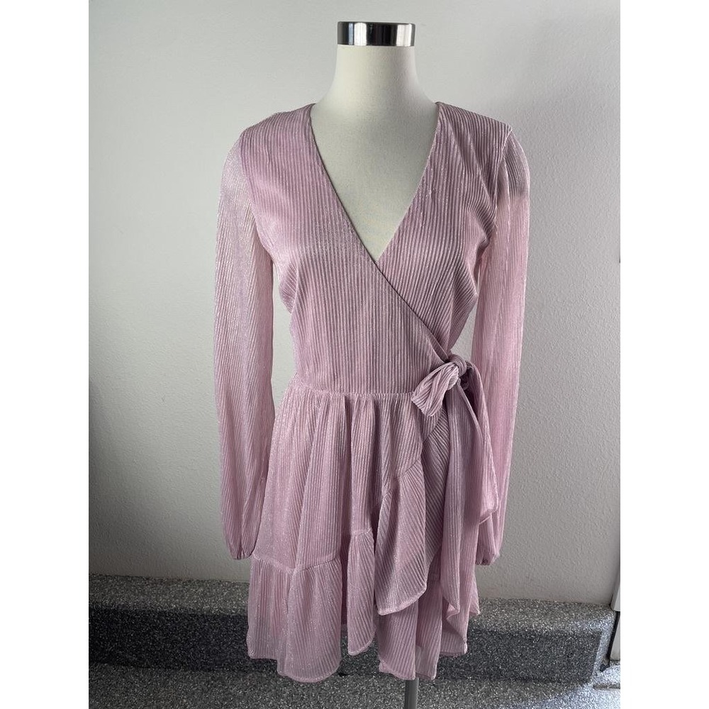 Majorelle Dress Womens Small Pink‎ Shimmer Striped Wrap Ruffle Long Sleeve Mini